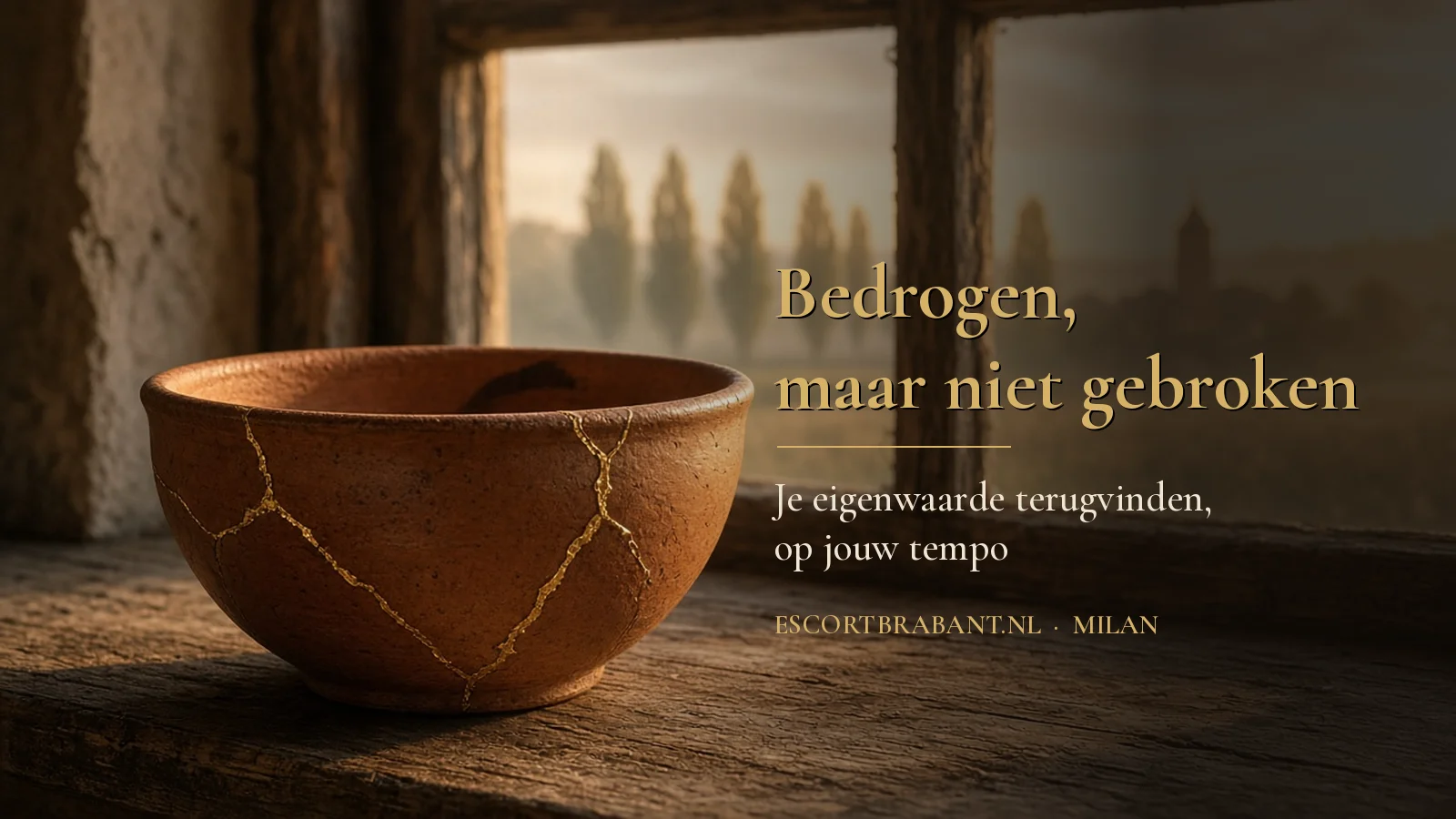 Gouden kintsugi-kom met de tekst Bedrogen, maar niet gebroken: je eigenwaarde terugvinden, op jouw tempo