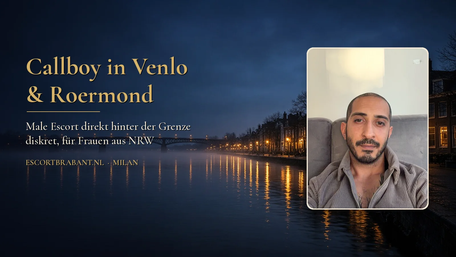 Callboy Milan, Male Escort in Venlo und Roermond, lächelnd auf dem Sofa im Pullover, vor der Maas in Venlo am Abend