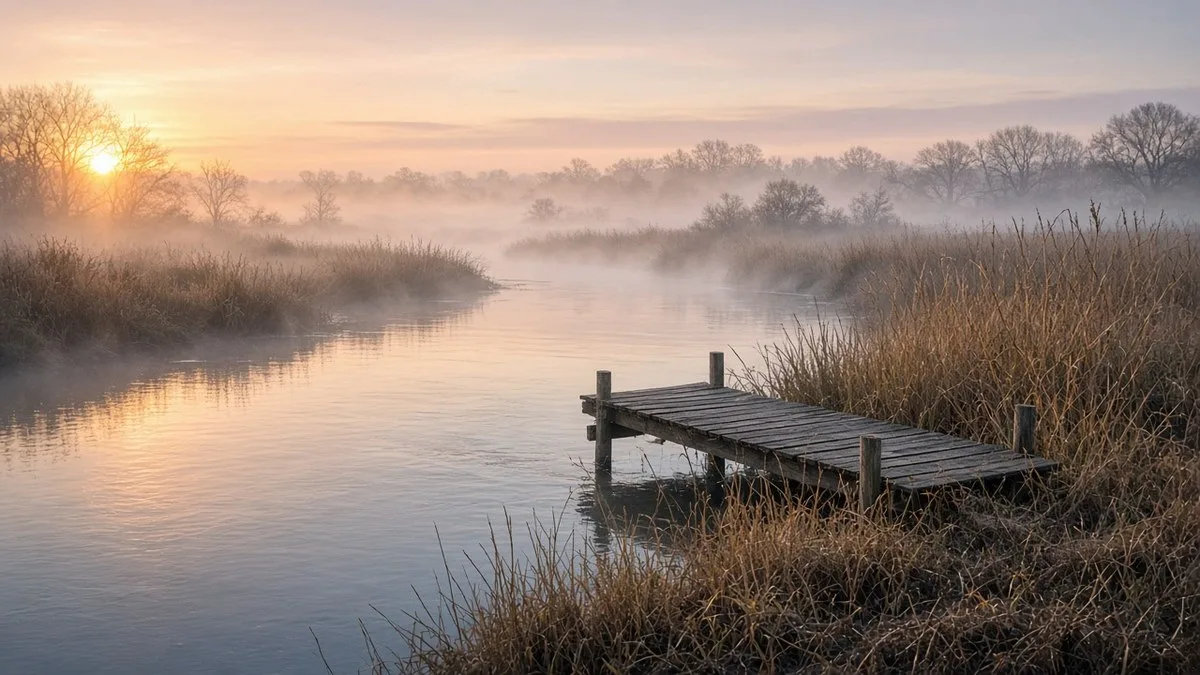 Houten steiger in een mistige kreek met riet in de Biesbosch bij zonsopkomst