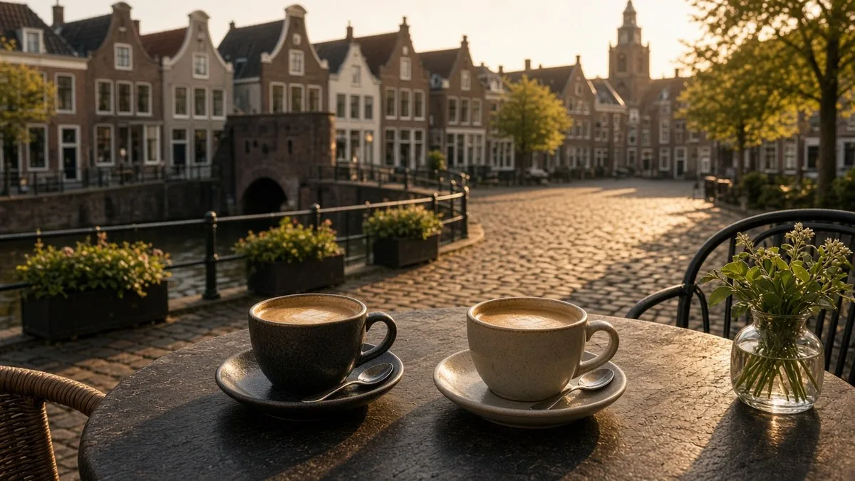 Twee kopjes koffie op een terrastafel aan een keienplein in een historische vestingstad met gevels en een kerktoren in het gouden avondlicht