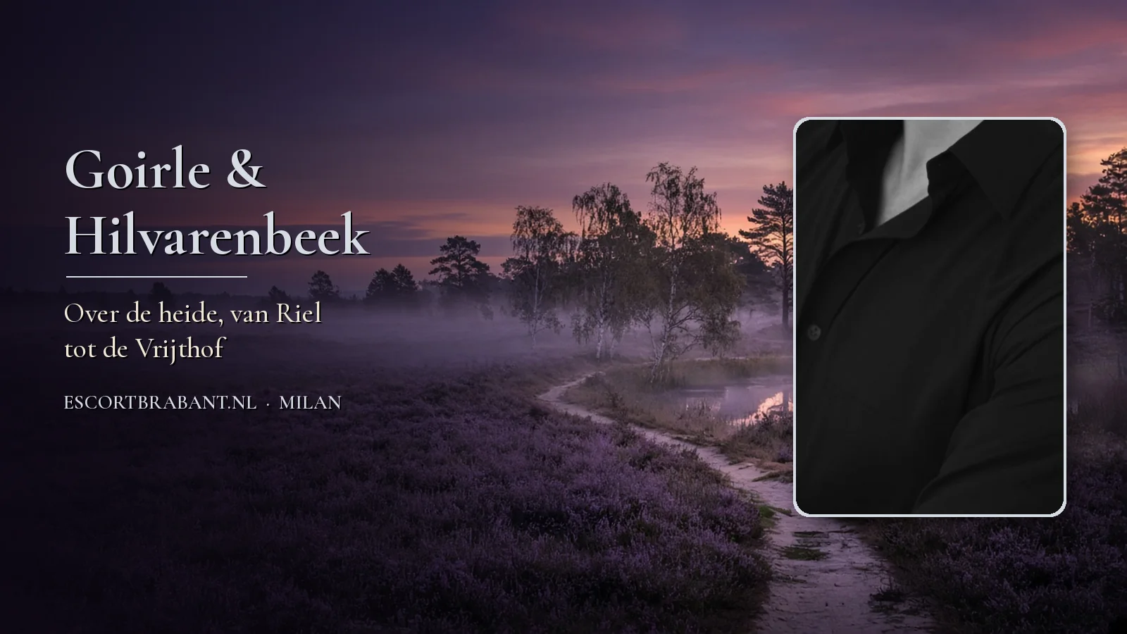 Sfeerbeeld van een paarse heide met een ven in de schemering, met een zwart-witfoto van Milan in zwart overhemd, zonder gezicht