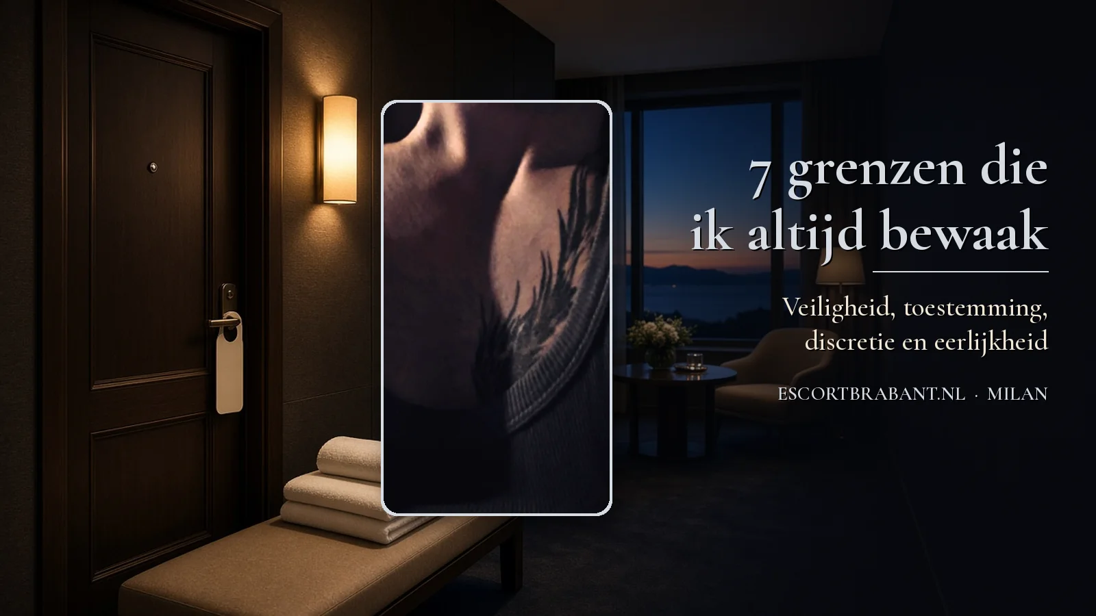 Hotelgang met een deurhanger, met een koel getinte foto van Milan zonder gezicht op een zilveren kaart en de tekst 7 grenzen die ik altijd bewaak